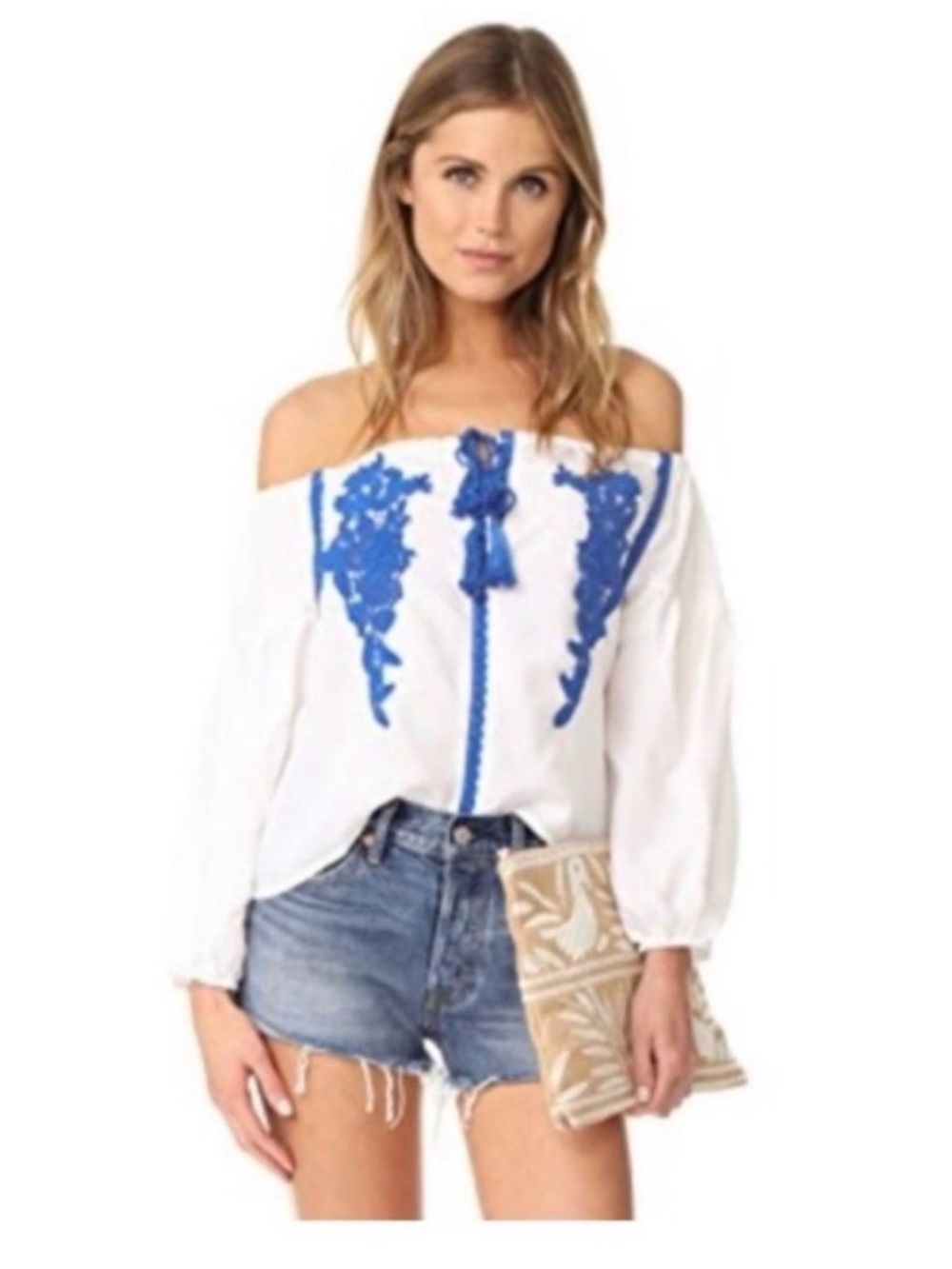 Line & Dot Women's White & Cobalt Blue Embroidered Peasant Blouse